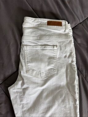 White Skinny Jeans with Leather Patch Waistband